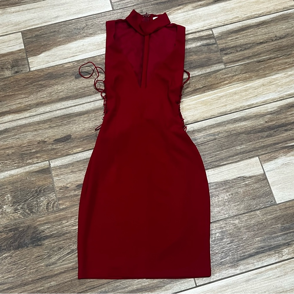 Seek the label red high neck fitted dress